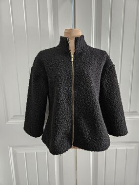 Anne Klein Black Fuzzy Zippered Sweater Jacket Sz S NWT cottage classic